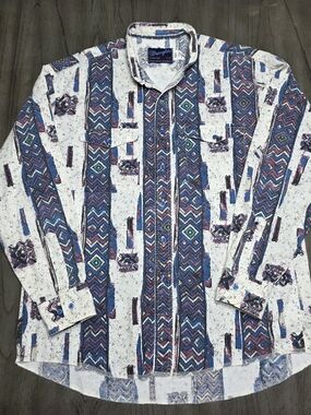 Vntg Wrangler Geometric Aztec Print Button-Up Shirt X-Long Tails